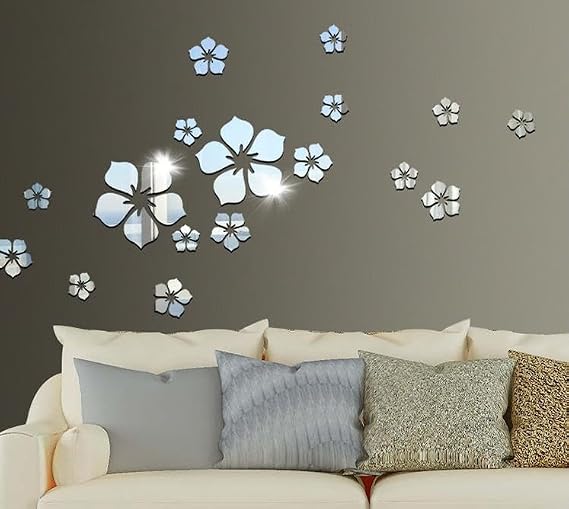 18 Pcs Wall Stickers Decor Kitchen Bathroom Wall Art Cherry Blossom Acrylic Wall Stickers Silver Foil Mirror Stickers 3D Three-Dimensional Flowers Wall Decoration Art Stickers