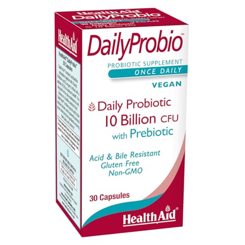 HealthAid DailyProbio 10 Billion CFU, 10 Strain Vegan Probiotic with Prebiotic | Acid & Bile Resistant, Dairy & Gluten Free, Non-GMO | Once Daily Digestive Support