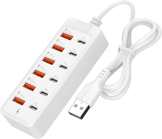 12 Port Charging Station Electric Socket with USB and Type C Connector for Laptop, Phone, Game Console Hub, USB C Hub