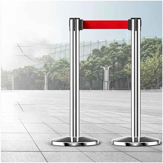 Etlegor Crowd Control Stanchion Belt Barriers, Stainless Steel Stanchions with Red Retractable Belts Heavy Duty Safety Barrier Stands & Line Dividers (Color : Silver-2PC, Size : 2m)