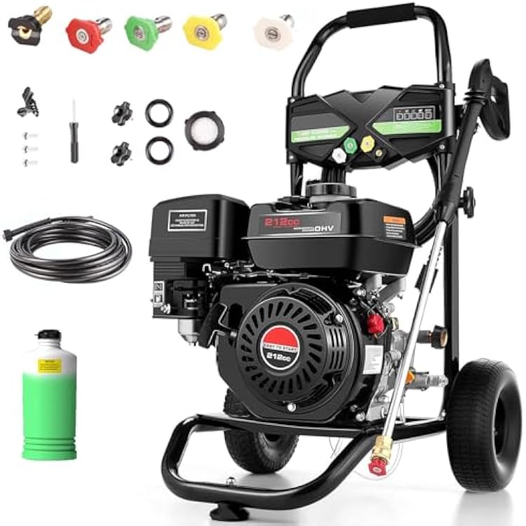 4200PSI Gas Pressure Washer, 2.8GPM Commercial Power Washer Gas Powered, 212cc 7.0 HP Engine,Includes 0.7L Soap Tank,5 QC Nozzles,25 Hose,Car Wash MachineCarDriveway, EPACARBETLCompliant Black