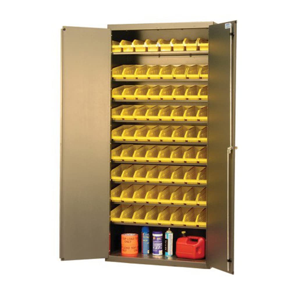 Quantum QPR-BG-107RD Modular Shelving Cabinet with 8 Sloped Shelves and 36 QSB103 Red Bins for Industrial Warehouse Distribution | 400 lbs Capacity | 36W x 18D x 78H, Beige, Carbon Steel
