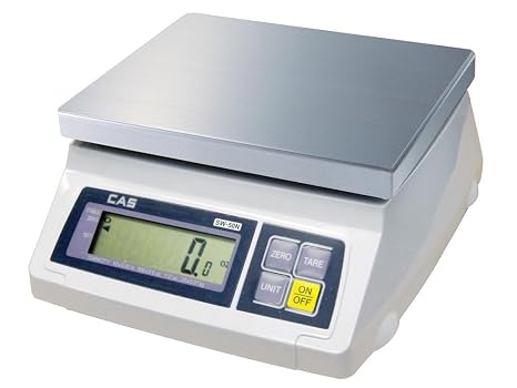 CAS SW-50 Kitchen Portion Scale - 50lb Capacity NTEP Certified Compact, Commercial Food Scale - Water Resistant and Battery Operated - Steel Platter and Adapter Included