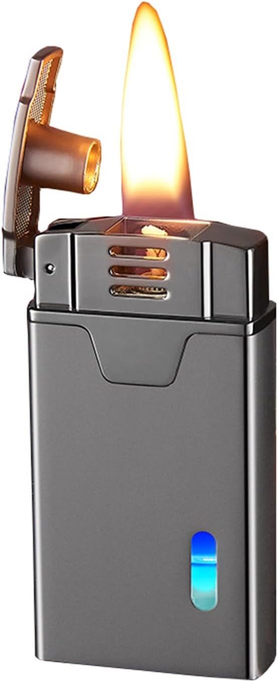 Kerosene lighter, multiple ignition methods, kerosene soft flame lighter metal portable lighter, transparent air chamber LED blue light, refillable, suitable for kitchen, barbecue candle, camping gift
