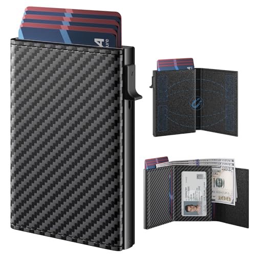 typecase Mens Wallet Card Holder: Pop Up Aluminum Case, Genuine Leather, Smart, RFID Blocking, Slim, Minimalist, Front Pocket - 9-14 Card Capacity | ID Window | Cash Slot Carbon Fiber