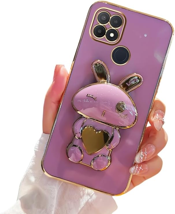 Silicone Cover Compatible with Oppo A15 Case with Cute Cartoon Rabbit Stand Case for Oppo A15 Slim TPU Electroplated Anti-Fingerprint Women Girls Shell for Oppo A15 2