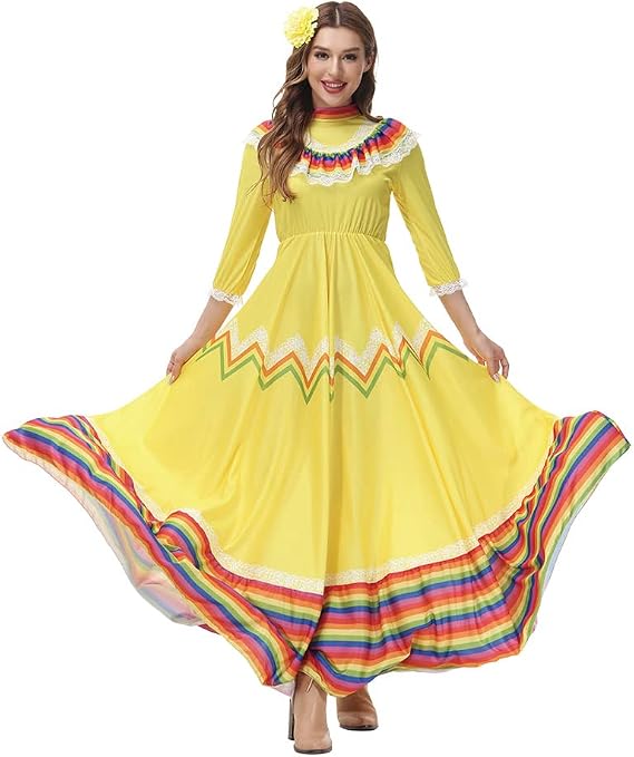 STIOEDYUAN Women Mexico Costume Traditional Folklorico Dress | Cinco De Mayo Fiesta, Halloween, Senorita, Dance Folk Style, Flower Headwear