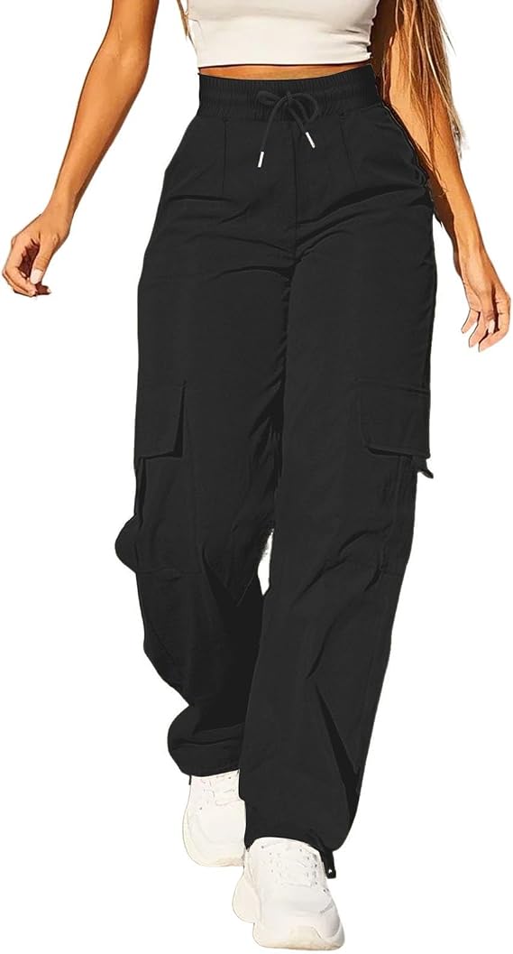 Cargo Trousers Women High Waist Ladies Cargo Pants Stretch Lightweight Combat Pants With Multi Pockets Solid Color Drawstring Tracksuit Bottoms Wide Leg Trousers For Women Uk For Hiking Walking