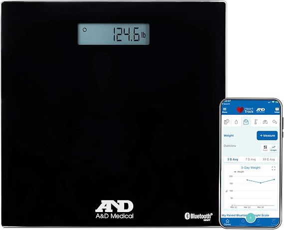 A&D Medical UC-352BLE Bluetooth Digital Weight Scale, 450lb Capacity | Bluetooth Bathroom Weight Machine, Syncs with A&D Heart Track App - 450lb (200kg) - Batteries Included, Black