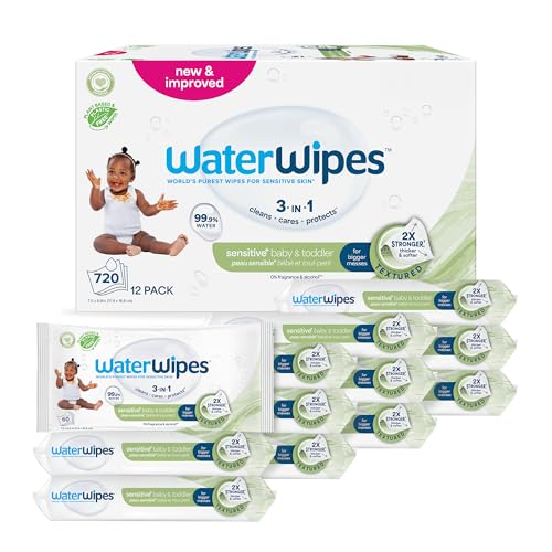 WaterWipes Sensitive Baby & Toddler Wipes, 3-In-1 Cleans, Cares, Protects, 99.9% Water, Textured Clean, Unscented & Hypoallergenic, 720 Count 12 Packs