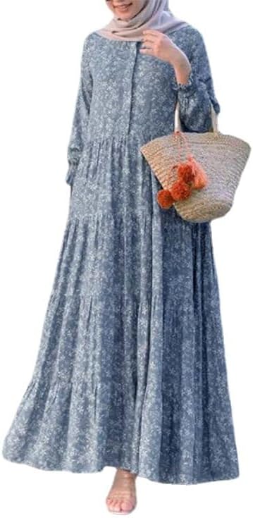 Womens Muslim Maxi Pleated Dress Abaya Loose Fit Long Sleeve Button Down Fashion Boho Dresses Dubai Islam Prayer