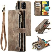 UEEBAI Wallet Case for Samsung Galaxy A51 4G, Premium Handmade PU Leather Phone Case Card Slots Magnetic Closure Zipper Pocket Kickstand Flip Case with Hand Strap - Vintage Brown