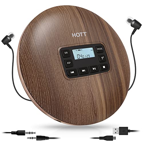 HOTT CD611 Portable CD Player for Home Travel and Car with Stereo Headphones, Anti-Shock,Wood Grain