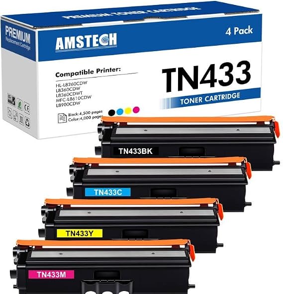 Amstech Compatible Toner Cartridge Replacement for Brother TN-433 TN 433 TN433, Cyan, Magenta, Yellow, Black, 4 Pack