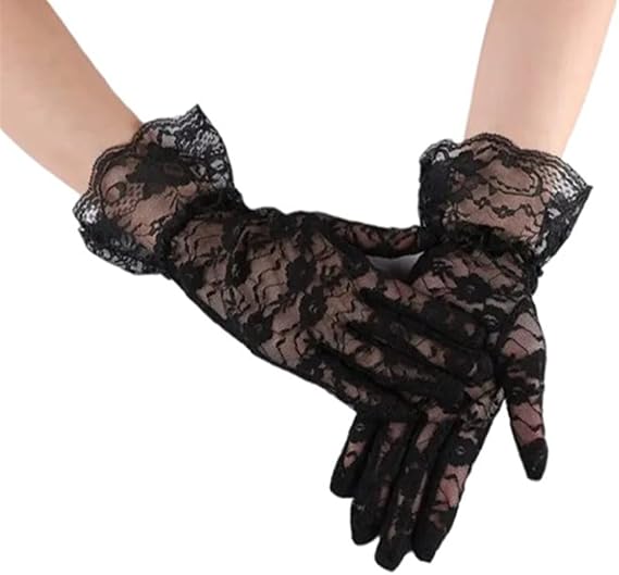 Black Lace Gloves Women Elegant Short Sun Protection Lace Glove, Princess Dress Gloves for Wedding Dinner Party