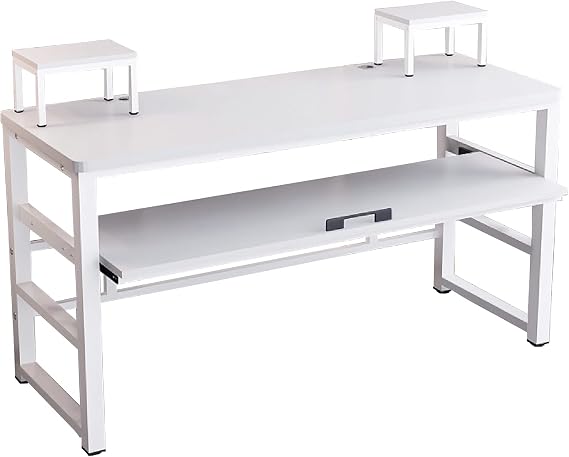 Music Studio Recording Desk with 1 Piano Keyboard Tray, Music Production Workstation, Home Office Furniture Wooden Table (White Board + White Frame, 63 inches)
