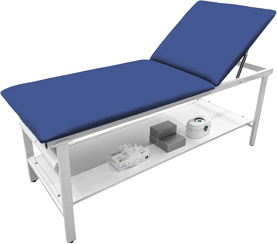 Adjustable Exam Table with Paper Roll Dispenser & Shelf, Physical Therapy Medical Exam Table, Patient Examination Bed, Durable, Low Maintenance and Holds Up to 400 Lbs (Blue)