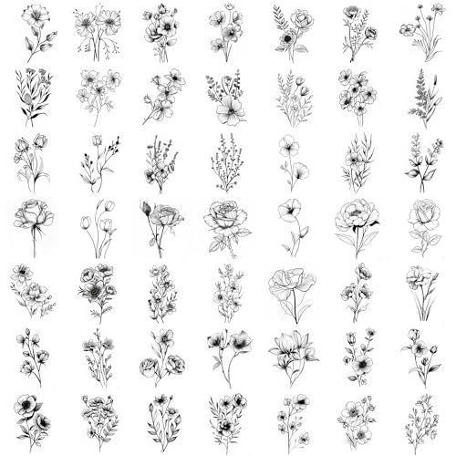 50 Sheets Tiny Branch Black Flower Temporary Tattoos For Women Girl Floral Bouquet Small Tattoo Temporary Wild Plant Lavender Sweet Pea Larkspur Fake Tatoo Adults Face Hands Kids Sticker