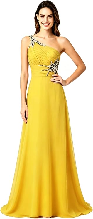 One Shoulder Bridesmaid Dresses for Women Chiffon Beaded Long Prom Dress