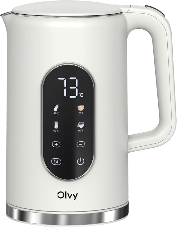 Olvy Electric Kettle 1.7L with Temperature Control - 2200W Fast Boil - Keep Warm Function - Double-Wall Stainless Steel - Cool-Touch Exterior - Anti-Scale Filter (White)