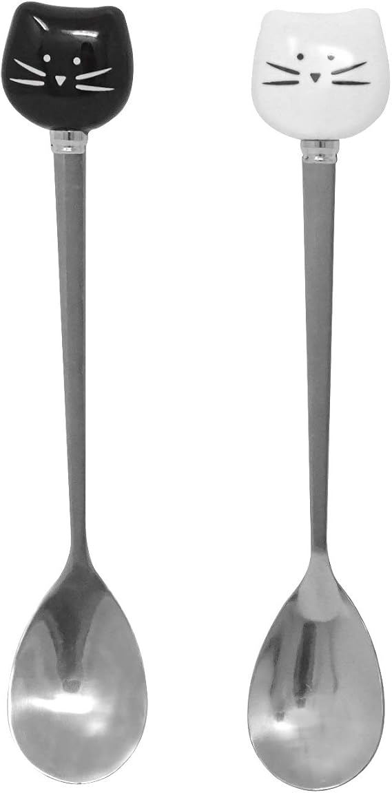Honbay 2PCS Cute Cat Spoon Set - Stainless Steel Tea, Coffee & Sugar Spoons for Cat Mug, Black and White