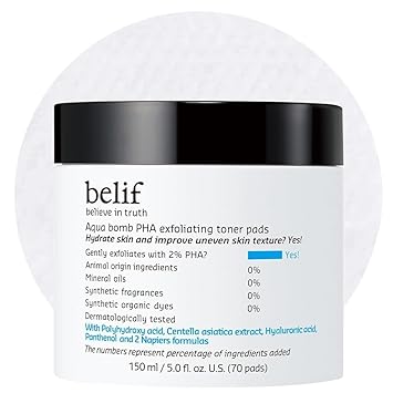 belif PHA 2% Toner Pads Gentle Exfoliating Facial Polish for Pore Care, Hydrating & Soothing with Panthenol & Cica, Ideal for Sensitive Skin, Korean Skincare 70 Count 70 Pads, New Formula