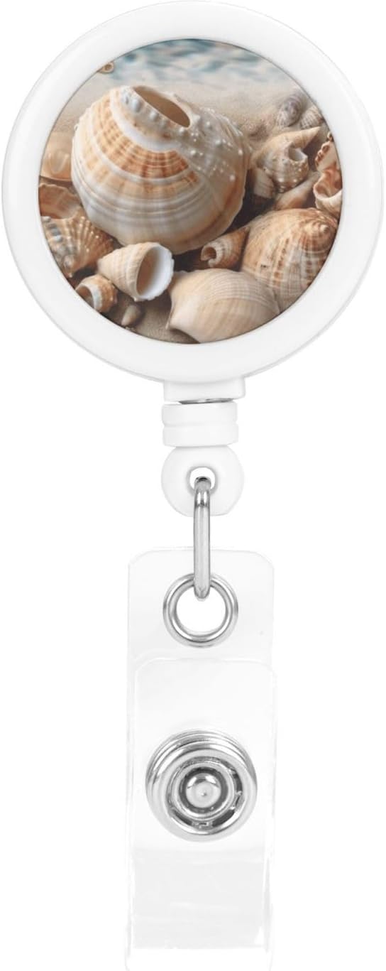 Badge Reels Retractable Seashells by The Seashore Badge Holder Heavy Duty Batch Holder Name ID Badge Clips for Office Worker Doctor Nurse ID Badge Reel with Belt Clip Keychain