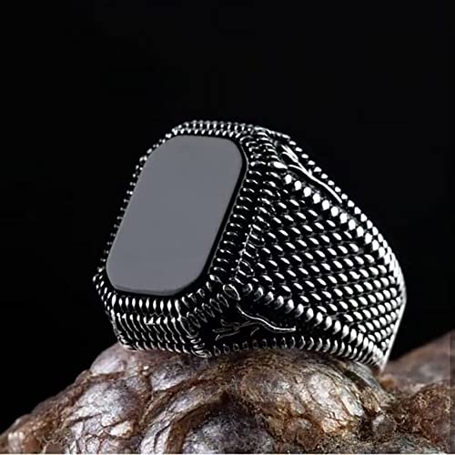 SUKKCCNO Vintage Black Square Onyx Mens Rings Handmade Engrave Flower Patterns Natural Agate Band 925 Silver Plated Black Gem Ring Punk Jewelry Gift Size 7-13 8