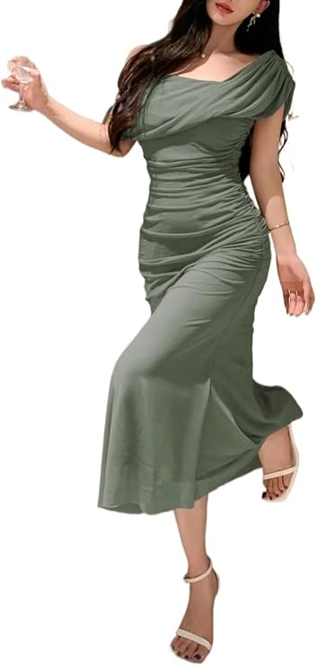 Women's Midi Dresses, Solid Color Asymmetric Neck Casual Dress for Women