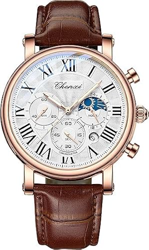 Men's Luxury Chronograph Watch | Rose Gold 42mm | Brown Leather Strap | Moonphase Indicator | Multi-Dial Precision Timekeeping | Roman Numeral Dial | Gift Box Included | Professional Dress Watch