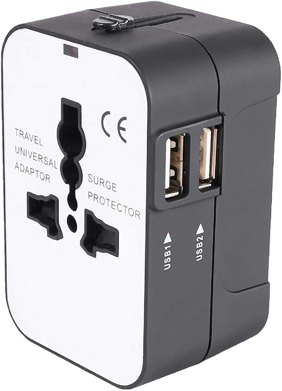 Travel Adapter Worldwide All in One Universal Power Adapter International Travel Plug Adapter with 2.1A Dual USB Ports for Asia Europe UK AUS and USA (Black+White)