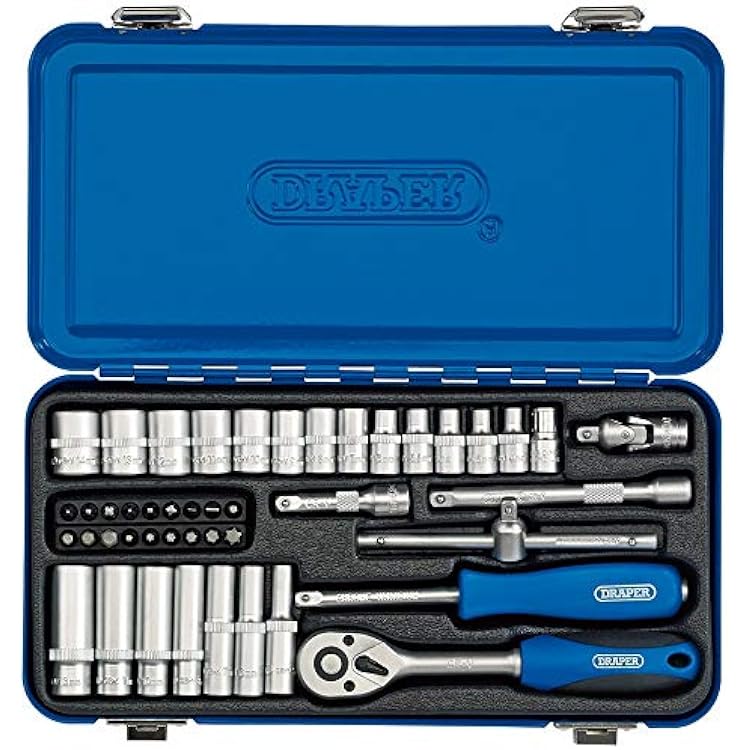 Draper 14 45 Piece Square Drive Metric Socket Set | Micrometre Reversible Hand Tool |Soft Grip Ratchet | 12 Metrics Sockets Mechanics Car Tools | Metal Storage Case | Hex Bit Adaptor | 16365