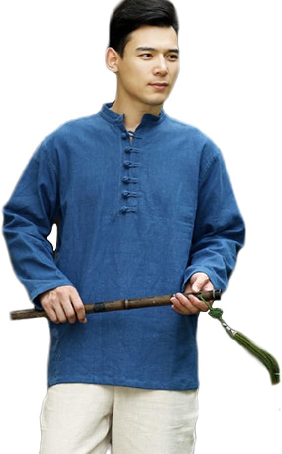 LUZU JUNU Men's Linen Vintage Chinese Kung Fu Style Henley Shirts Long Sleeve Tops
