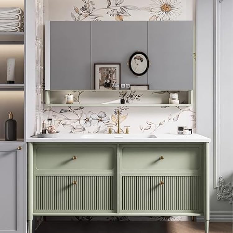 78IN Stylish Bathroom Vanity with Sink - Freestanding Bathroom Vanity Cabinet | Equipped with LED Smart Defogging Mirror | Seamless Stone Sink | Oak Material | Green