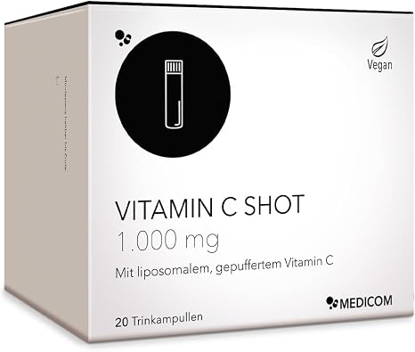 Medicom - Vitamin C Shot 1.000 mg Liposomal Orange 20 Trinkampullen Liposomal Gepuffert Hochdosiert Kollagenbildung Orangengeschmack Vegan Flüssig Ohne Zuckerzusatz Immunbeitrag