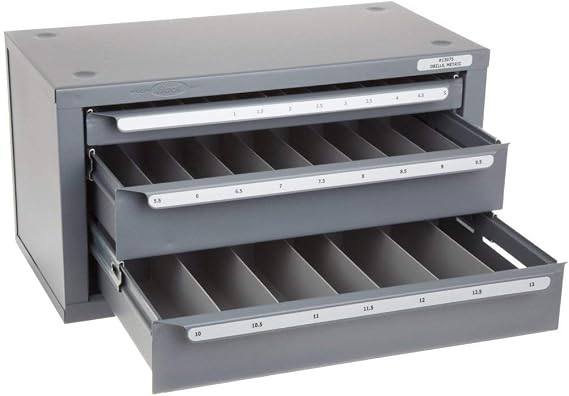 Huot Drill Bit Cabinet - 3 Drawer, Metric Sizes 1-13mm, Epoxy Finish, Grey, Stackable, Home Office