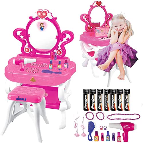 Dimple Princess Vanity Toy 2-in-1 Vanity Set with Makeup Accessories, Musical Piano Keyboard Sounds & Flashing Lights, Pretend Cosmetics Hair Dryer, Great Gift for Kids 7 AA Batteries Included