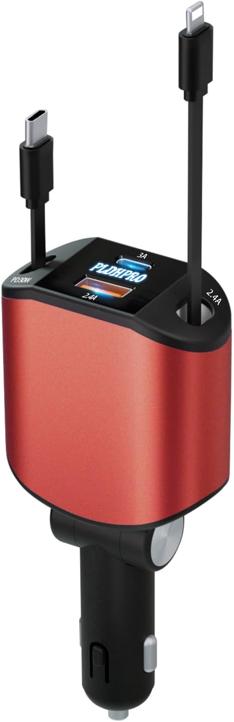 Retractable Car Charger 4 in 1, PLDHPRO 80W Phone Charger for Cars with 2.7ft USB-C and iOS Cable Compatible iPhone 16/15/14/13/12 Sam sungGalaxys25/s24/s23 Pixel iPad - Red