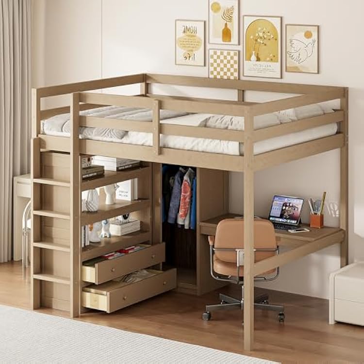 Full Size Multifunctional Loft Bed with Built-in Wardrobe, Desk, Storage Shelves and Drawers, Wooden Loft Bed Frame with Ladder -Length Guardrail, No Box Spring Needed Walnut-11