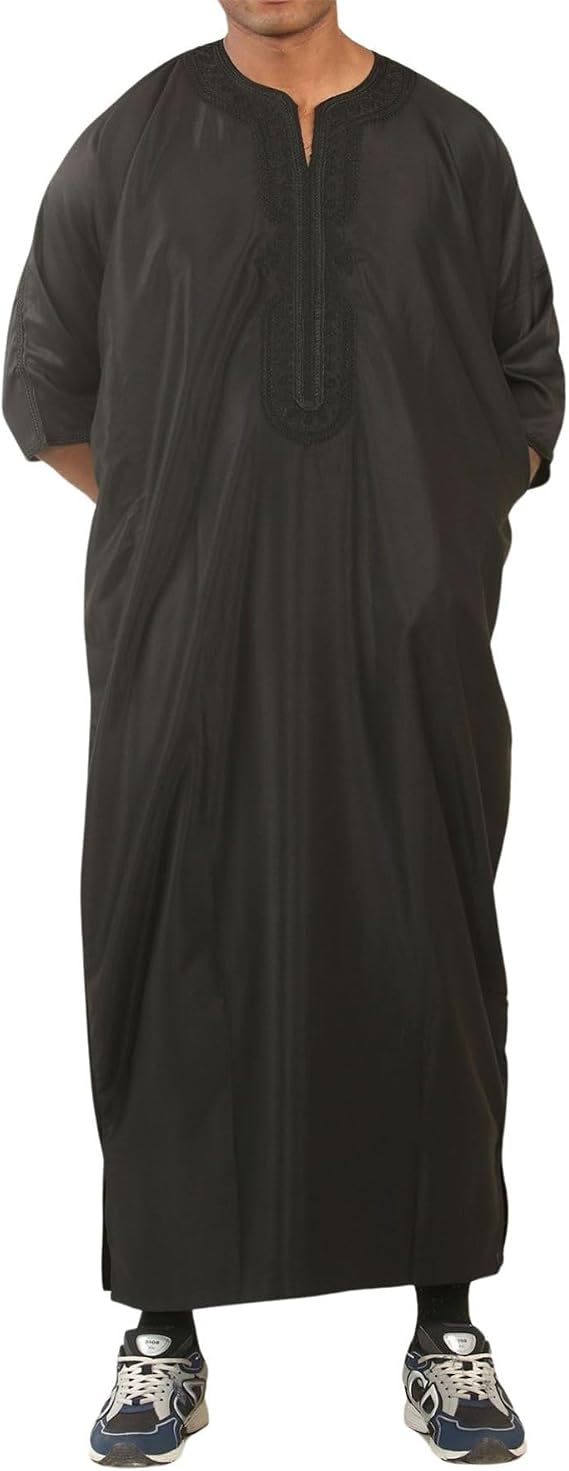 Men's Moroccan Thobe Black Gandoura Short Sleeve Jubba Islamic Clothing Kaftan Eid Robe Arab Embroidery