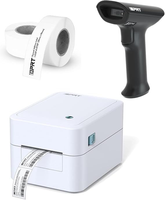 iDPRT Thermal Label Printer SP320E with iDPRT 1D 2D Barcode Scanner 1358 with 600pcs Labels(2 Rolls of 300pcs)