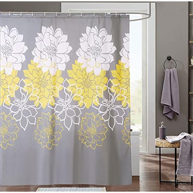 Gray and Yellow Floral Print Shower Curtains for Farmhouse Bathroom with 12 Hooks. 72inchx72inch