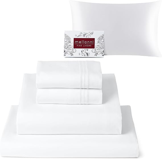 Mellanni Bed Sheet Set + Silk Pillowcase Bundle&Save - Hotel Luxury Bedding Sheets & Pillowcases - Bundle Includes: 4pcs Bed Sheet Set and 1 Mulberry Silk Pillowcase for Hair and Skin (Queen, White)