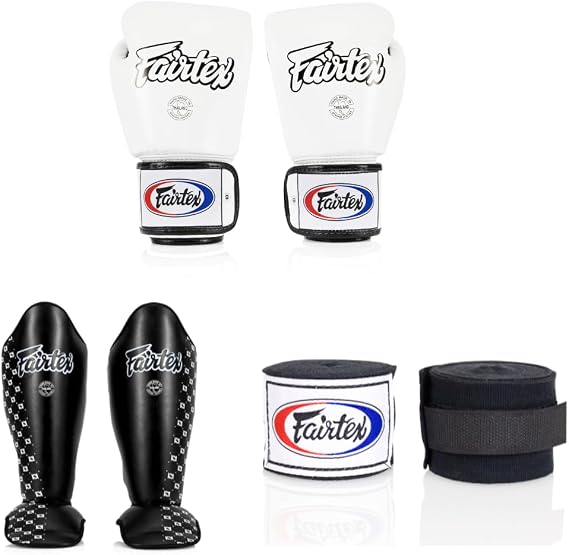 Fairtex BGV1 16 oz White Glove + Fairtex Muay Thai Handwrap Black 180 inch + SP5 Black Medium Shin Guards