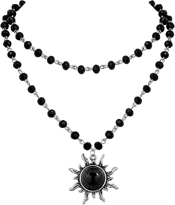 Gothic Star Crescent Necklace,Vintage Sun Pendant with Black Beaded Chain,Punk Vampire Medieval Jewellery for Women,Gothic Easter Halloween Witch Party Dark Style Clothing Jewelry Accessories