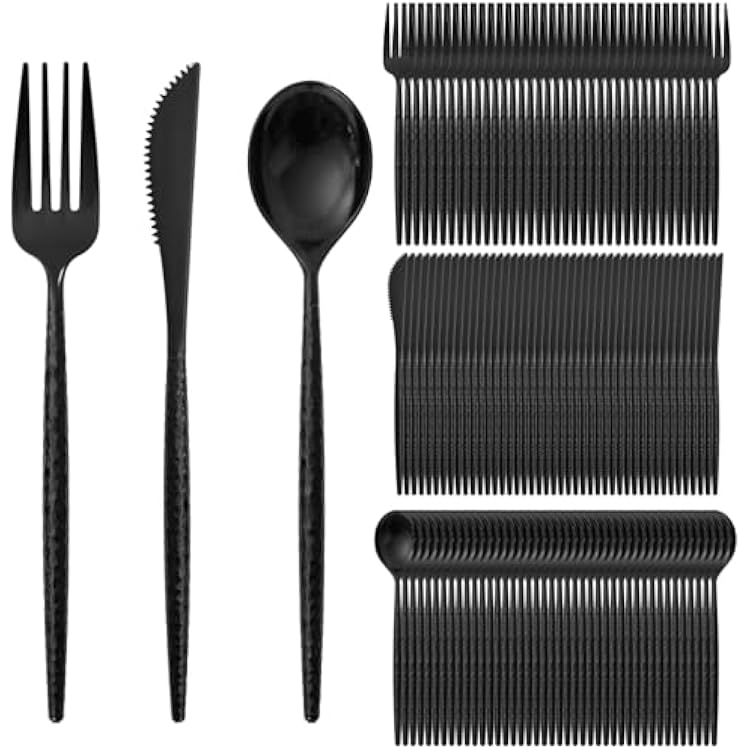 Supernal 360Pcs Black Plastic Silverware Heavy Duty Disposable Cutlery with Hammered Design,Black Utensils Set Include 120 Knives,120 Forks and 120 Spoons Suitable for Party,Anniversary&Halloween