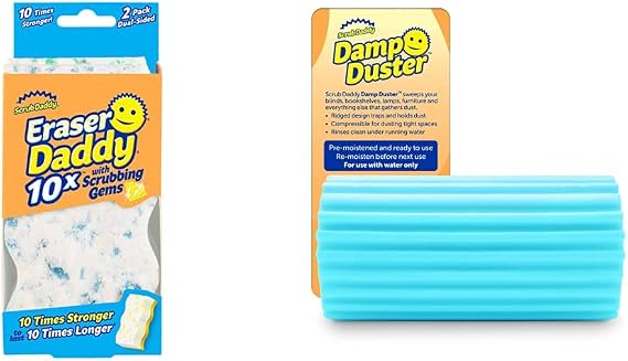 Scrub Daddy Eraser Daddy 10x, Magic Sponge Erasers, Strong & Durable Melamine Wall Cleanerr, Blue 2 Pack & Damp Duster, Magical Dust Cleaning Sponge