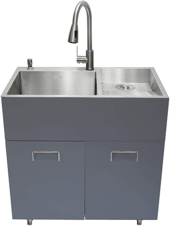 Stainless Steel Laundry Sink, Utility Sink with Vanity Cabinet Laundry Pool, Double Sink for Bathroom Laundry Room Utility Room Handwashing Station(80x48cm/31.4x18.8in,Right Washboard)