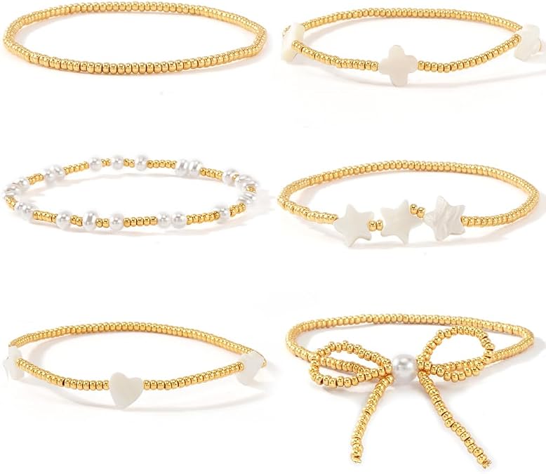 Gold Seed Beaded Bow Bracelets for Women - Dainty Pearl Bowknot Stars Clover Charm Miyuki Small Seed Beads Bracelet Stack Boho Stackable Elastic Friendship Cute Prom Fashion Jewelry Gift