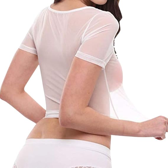 Mesh Top Women's Crop Shirt Plus Sheer Cropped Tee Sheer Short Sleeve for Ladies See-Through Sexy
